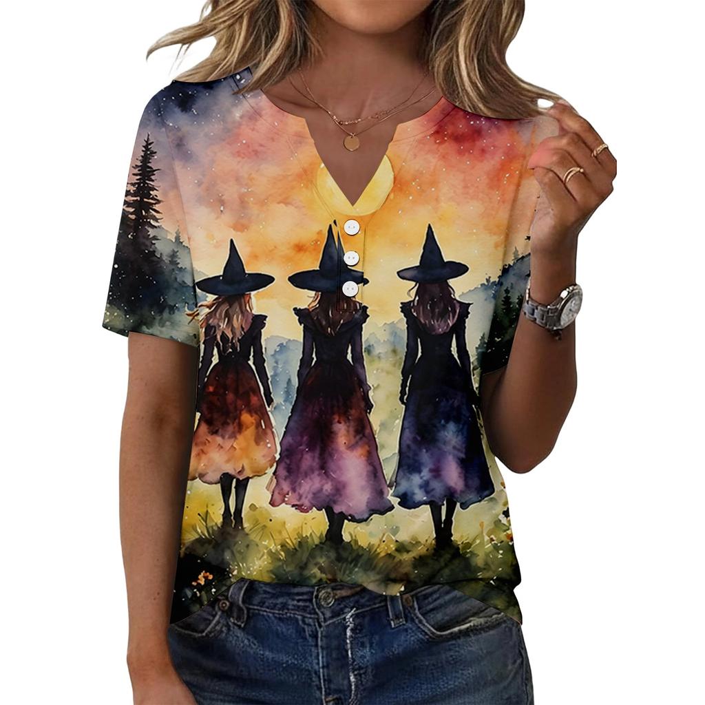 Women's Casual Halloween Print V-Neck Short Sleeve Button T-Shirt Top