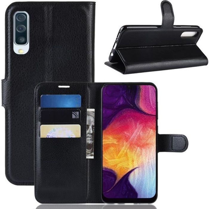 Housse Etui - Samsung - Galaxy A50 - Anti-chocs - Support Pliable - PU Cuir Noir