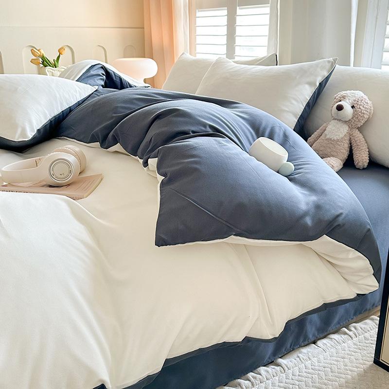 Solid Color Sanded Bedding Set: Four-Piece Set with Quilt Cover and Washed Spring Sheets.