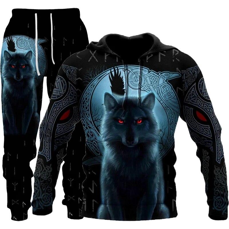 Herbst und Winter 3D-gedruckter Wolf Herren Kapuzenpullover Hosen Trainingsanzüge 2-teiliges Set Casual Sweatshirt Mode Herren Hoodies Outfit