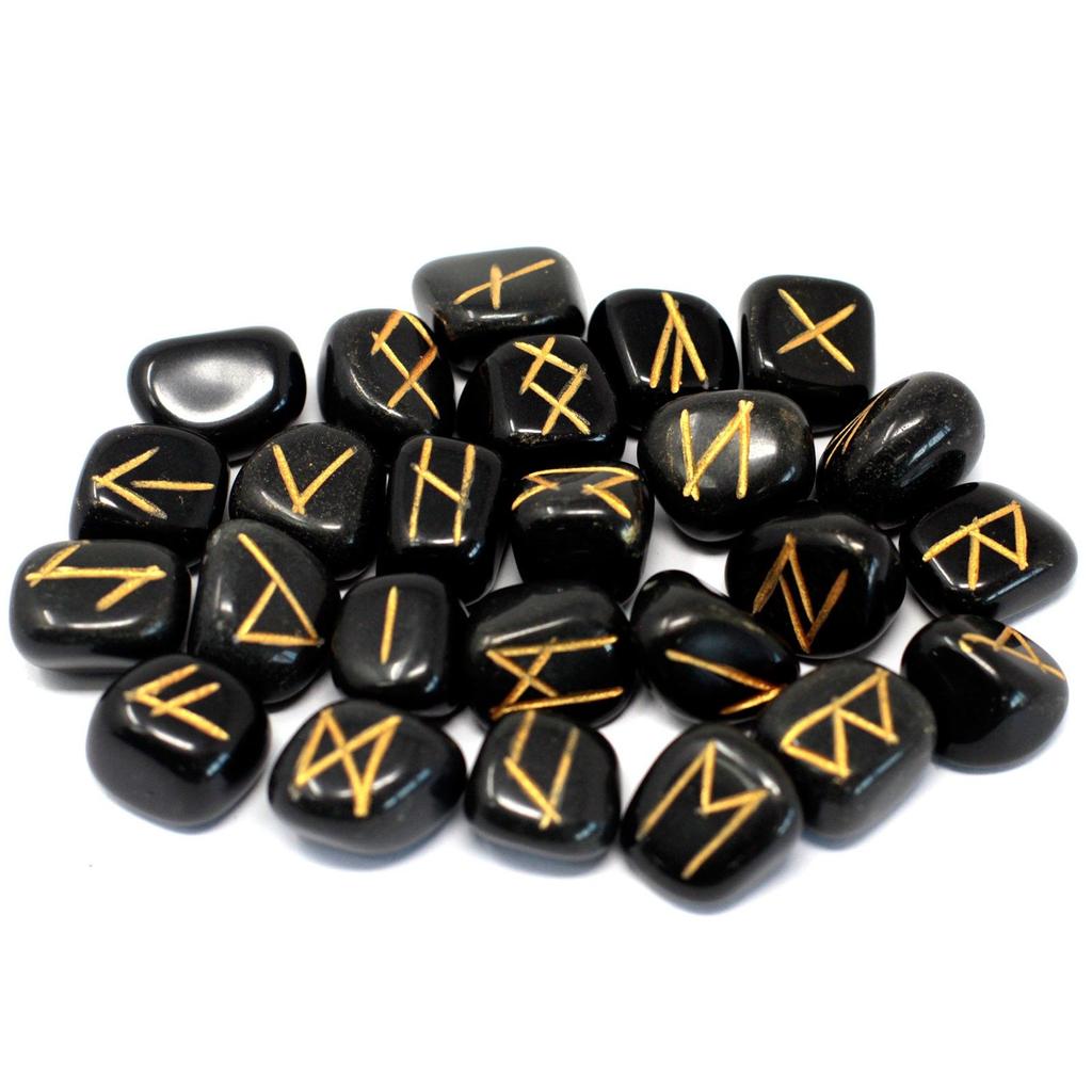 Ensemble de Pierres Runiques 25 Pièces Agate Noire Avec Pochette