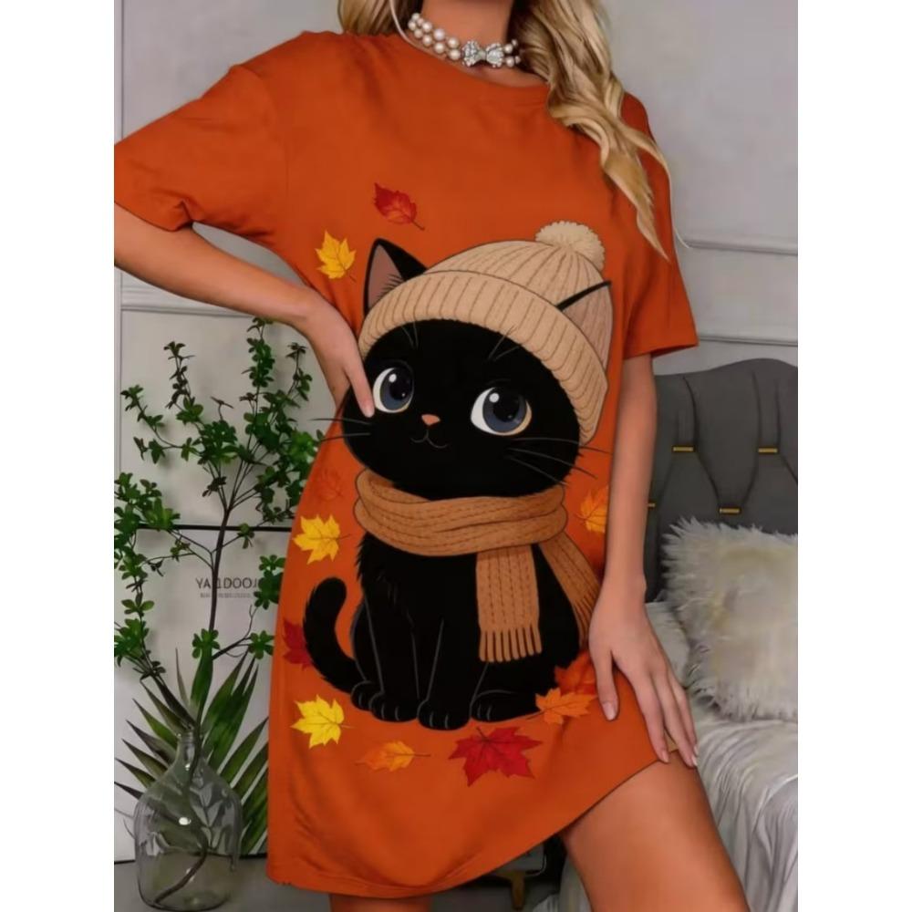 Summer Short Sleeved Dress, 3D Printed Dress, Casual Gradient Round Neck Short Sleeved Dress L