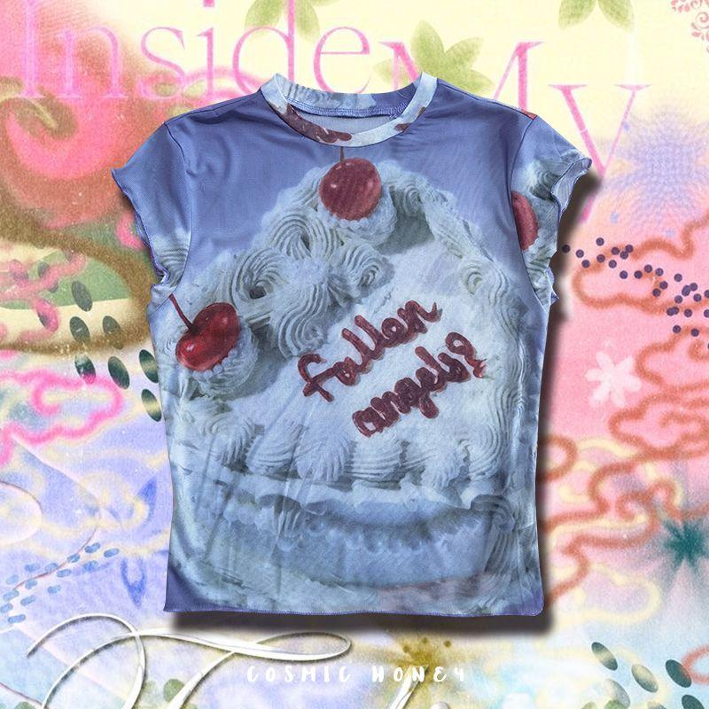 

Fashion Sexy Ins American Sweetheart Pure Desire Style Mesh Y2g Sexy Silm Lace Perspective Letter Print T-shirt American sweetheart S