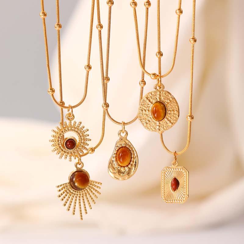 iF ME 5PCS Vintage Brown Opal Pendant Necklaces for Women Maillard Gold Color Metal Geometric Choker Necklaces Y2K Jewelry Accessories