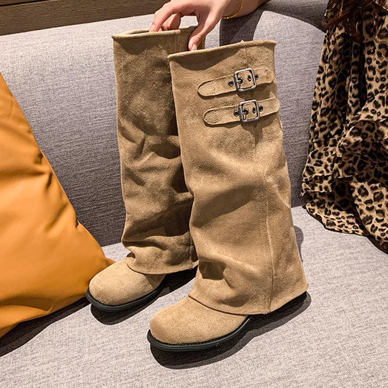 Autumn and winter new belt buckle trouser tube boots women's pile boots thick heel retro pleated knight boots women's boots tide
