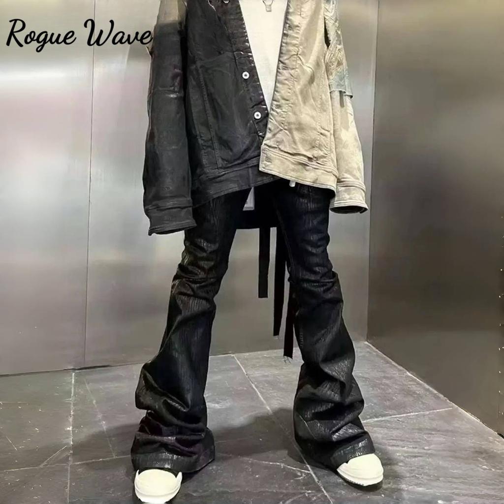 RogueWave Streetwear Schwarze Wachsleder Stretch Jeans für Herren Ropa Hombre Baggy Y2k Schlaghosen Übergroße Gerade Denim Hose