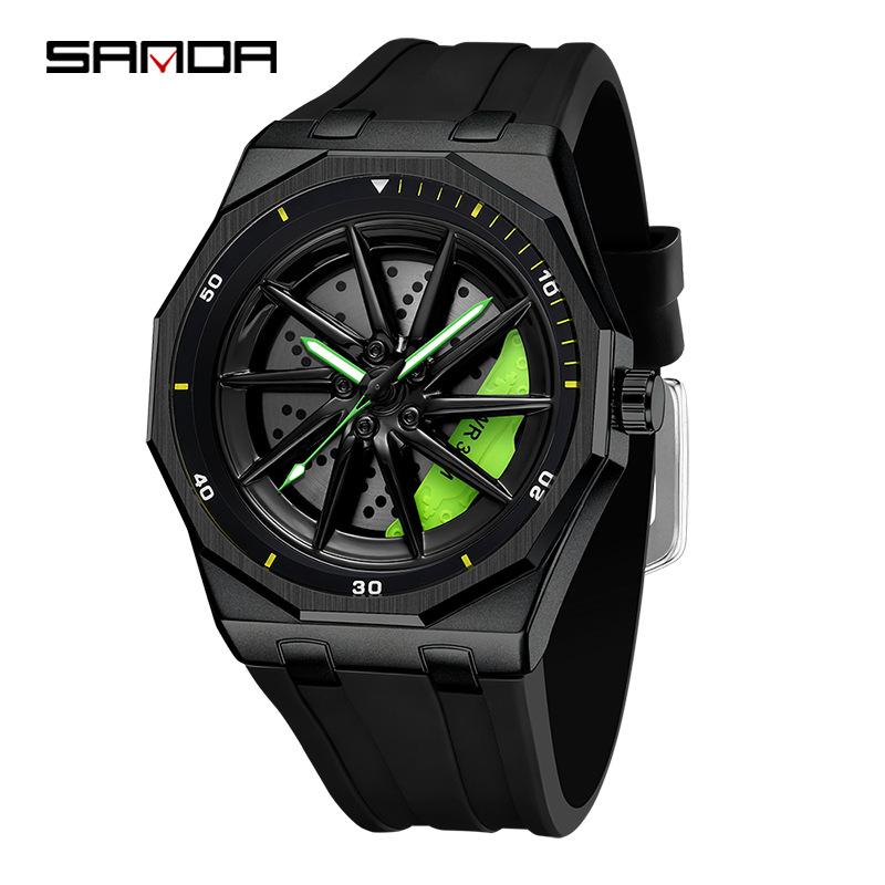 Fashion Sanda Top Brand Men's 360° Rotating Car Wheel Skeleton Dial Watch Luminous Quartz Sport Silicone Strap For Student Watch