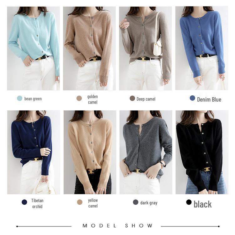 2023 Autumn/Winter Women's Korean-Style Camel Cardigan, Round Neck, Single-Breasted Knit Sweater.