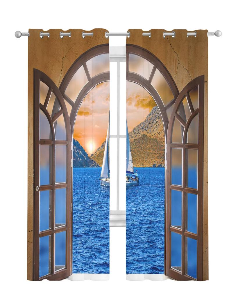 Window Sea Sailing Scenery Sheer Curtains Living Room Window Tulle Curtains For Bedroom Kitchen Home Decoration Voile Drapes