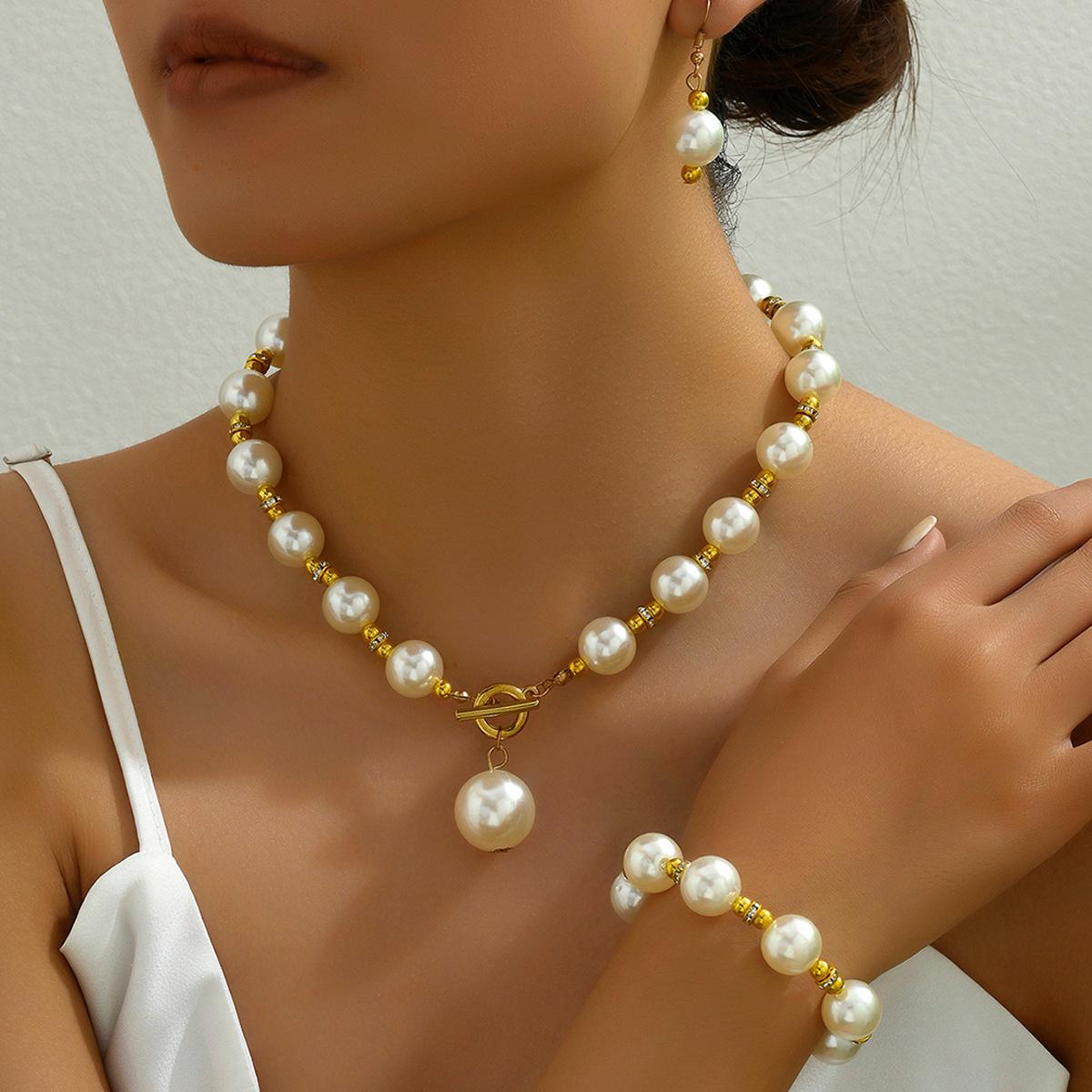 Gold Plated Copper Pearl Jewelry Set for Women, Necklace Bracelet Earrings 3PCS Pearl Set золотой