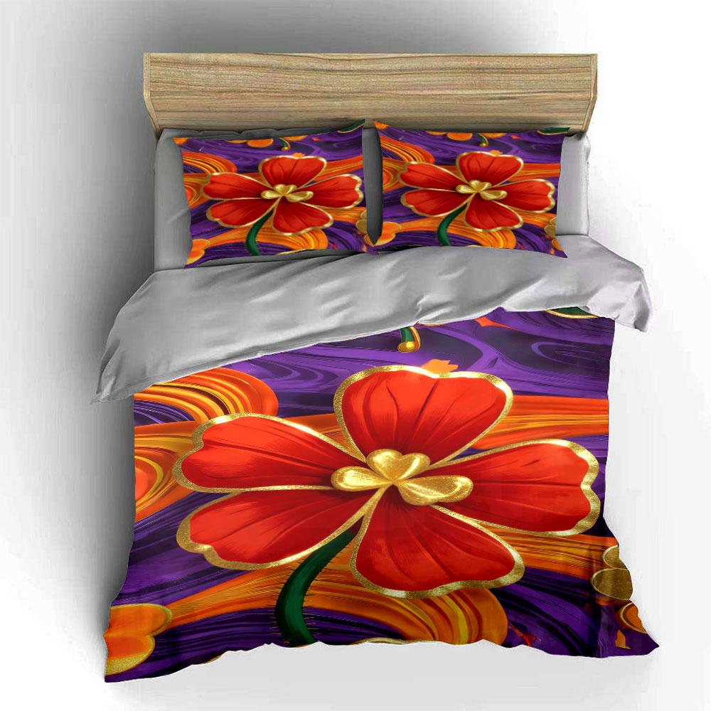 Red flowers with gold. Bedding sets Duvet cover sets Duvet covers Pillowcases(1 * Duvet Cover 2 * Pillowcases without duvet insert)
