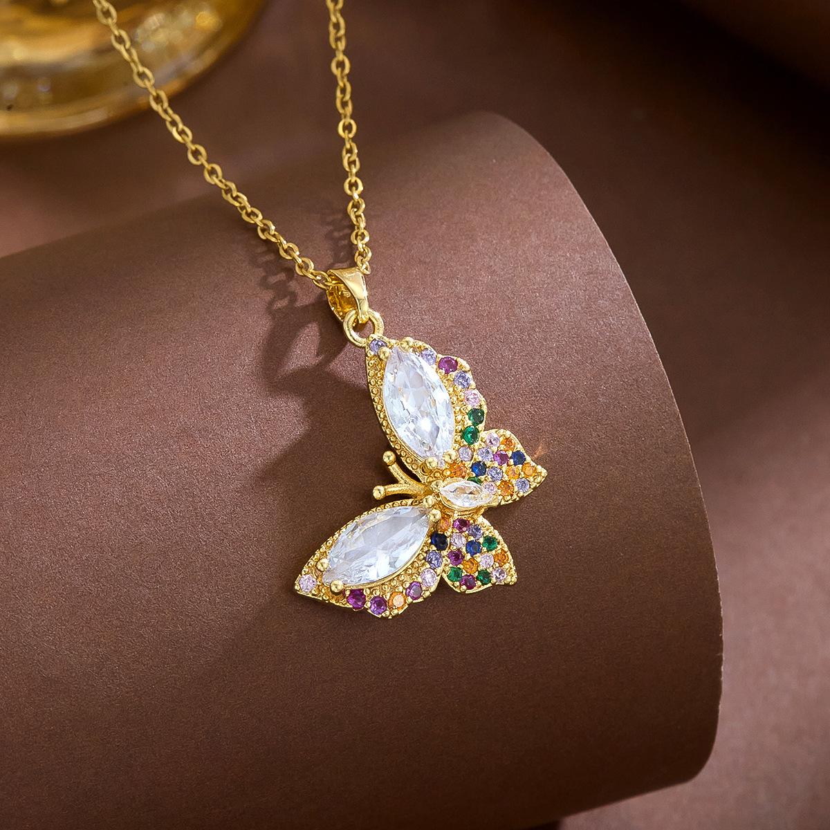 Personalized Hip-hop Fashion Design Sense Colored Zircon Butterfly Necklace Female Niche Cold Fashion High Sense Necklace Female