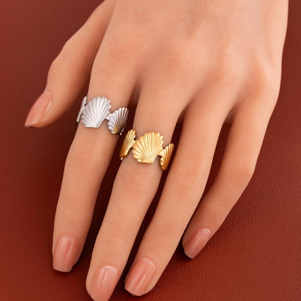 Women's Scallop Stainless Steel Open Ring, Vacuum Plated Gold Titanium, Ocean Series