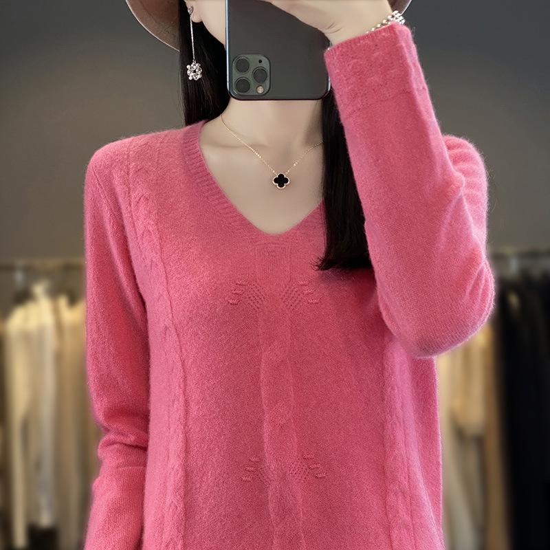 Spring Knitted Sweater, Pullover, V-neck Base Layer, Plush Sweater for Women