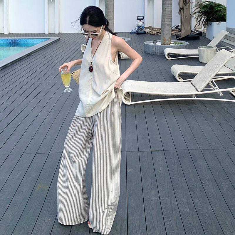 Summer French V-neck Vest & Striped Wide-leg Pants Set Extra Large