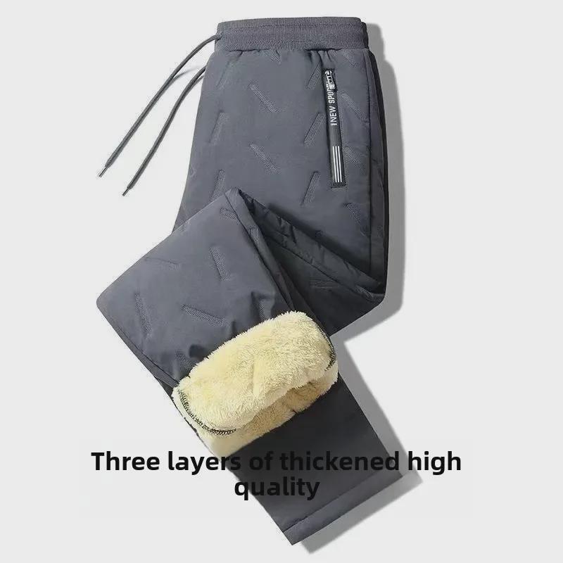 Men's Winter Windproof Waterproof Fleece-Lined Lambskin Pants with Drawstring Legs