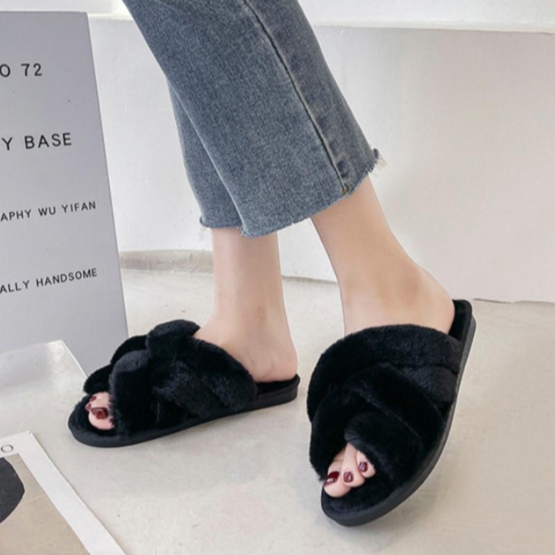 Mesh cross plush slippers, winter plush flat floor mop, exposed toe warm cotton mop
