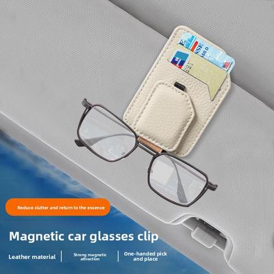 Car Magnetic Glasses Clip, Leather Non-slip, One-handed Take-and-place Multi-function Bracket