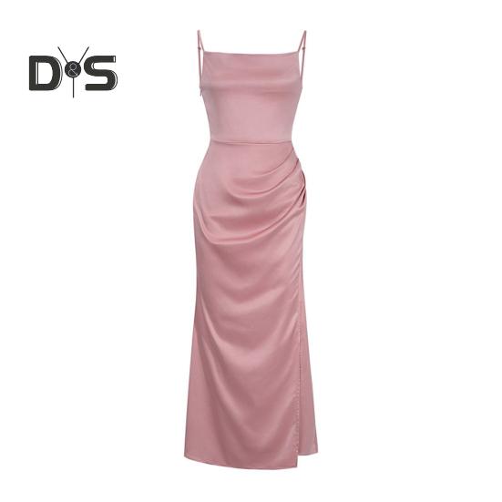 

Женское атласное облегающее платье с тонкими бретельками, боковая комбинация, длинное платье с воротником-хомут, сексуальное клубное платье миди для вечеринок, дней рождения, свадеб S розовый