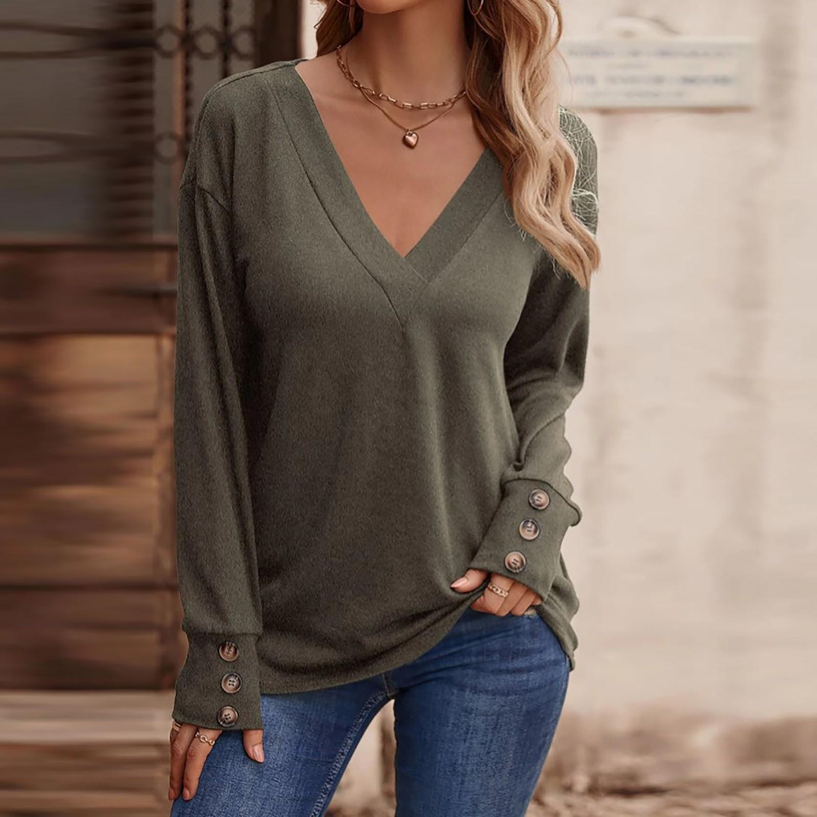 Женская осенне-зимняя однотонная свободная футболка с v-образным вырезом и длинными — фото 7