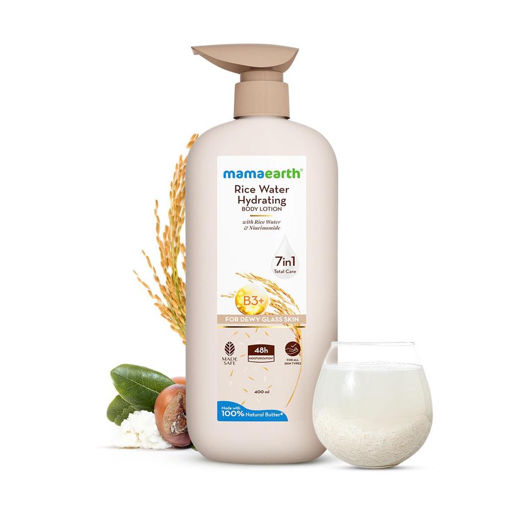 Mamaearth Rice Water Hydrating Body Lotion 400 Ml Pack of 1 for Dewy Glass Skin and Long-Lasting Moisturization