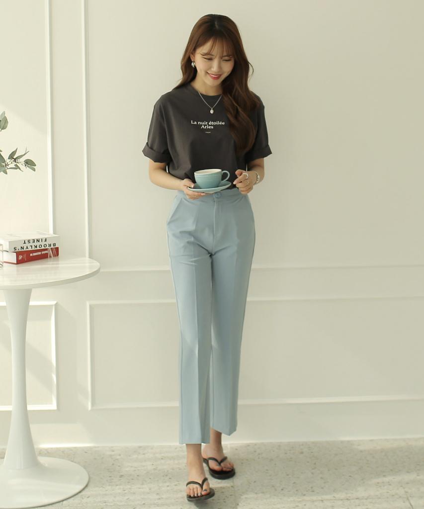 Ppaeppae Domestic Secret Elastic Waist Semi-High Waist High Stretch Sky Blue Slacks