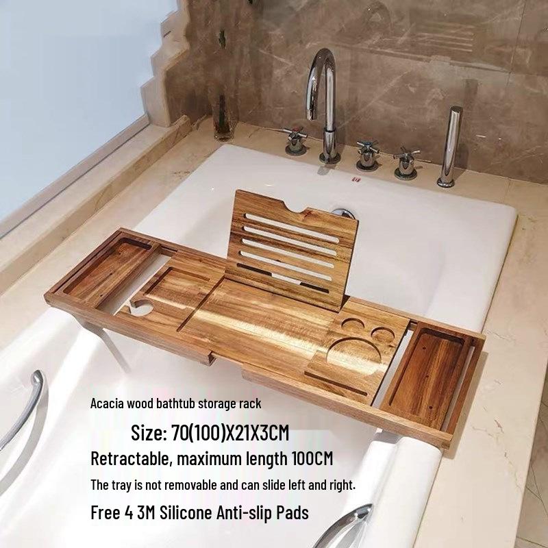 Acacia Wood Luxury Bath Rack: Retractable Holder for Phone, Tablet, and Wine.