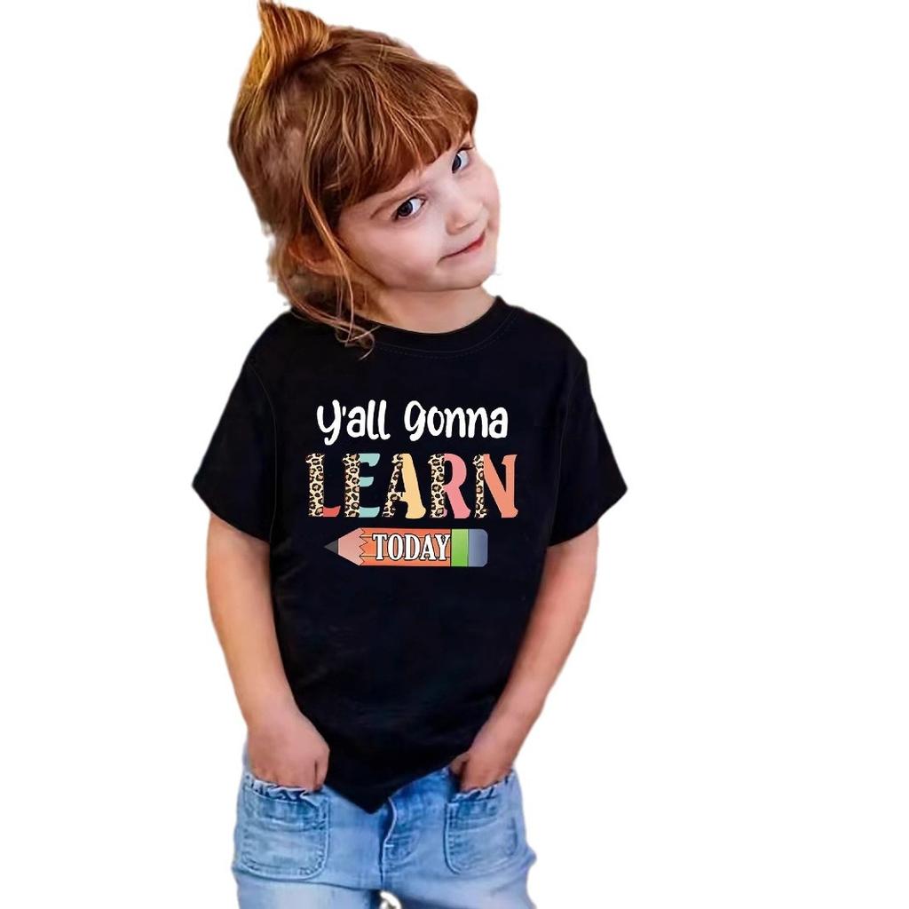 Girls' Leisure LEARN Textured Pattern T-shirt - Summer Children's Fashion Short-Sleeved T-shirt