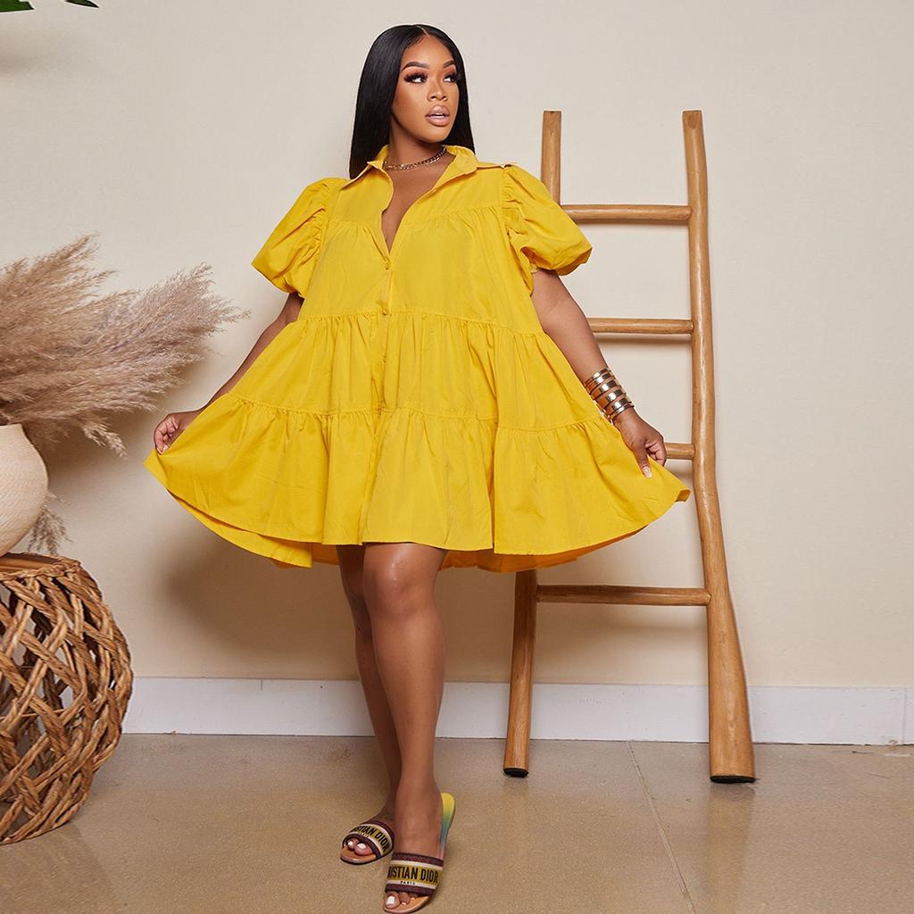 Women's Summer Fashion Solid Color Casual Loose Dress Puff Sleeve Button Doll Collar Skirt
