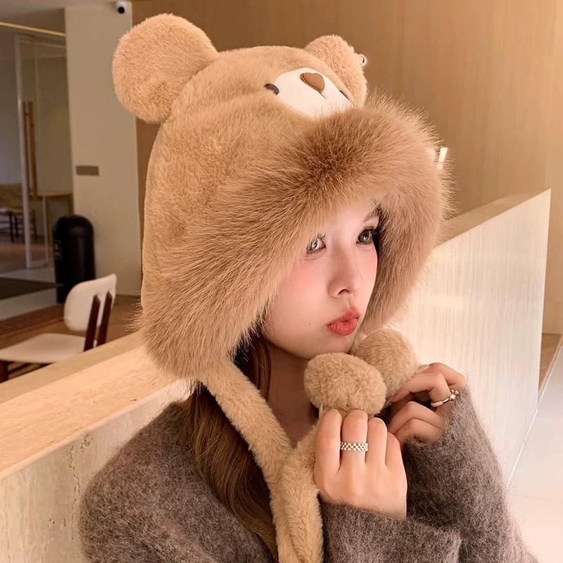 Winter Cartoon Cute Plush Hat Small Bear Raven Hat Women's Outdoor Fashionable Warm Ear Mountaineering hat