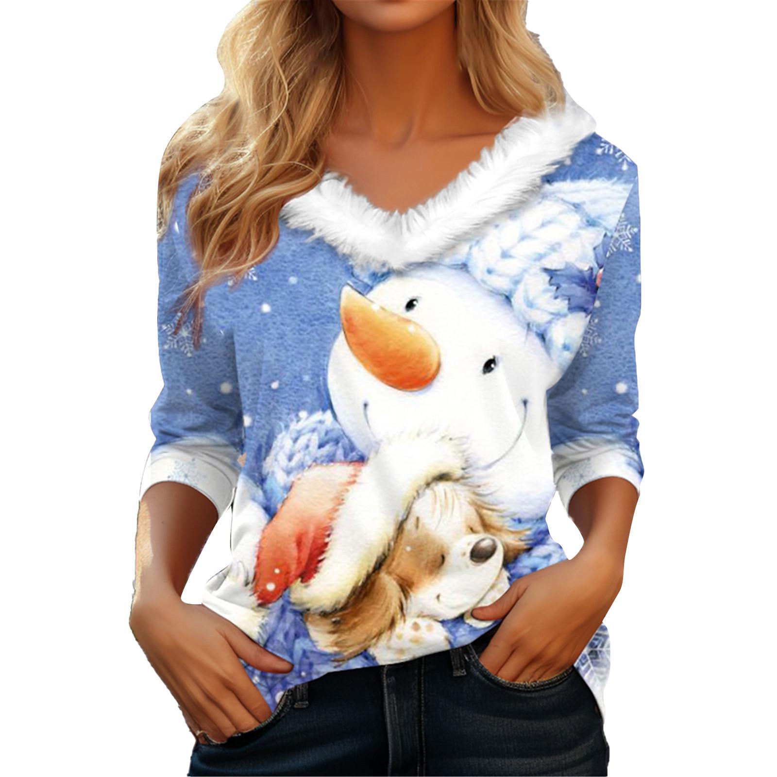 

Elegant 3D Printed Christmas Women s V-Neck Long-Sleeve T-Shirt with Fur Collar Extra Large
