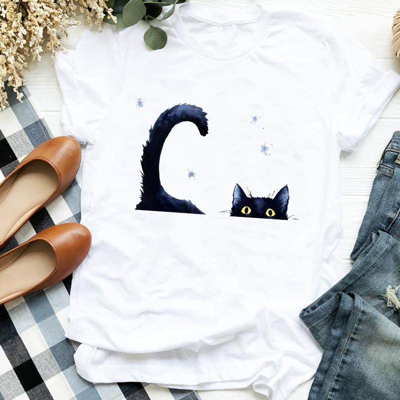Women Lady Cartoon Cat Coffee Life Pet Cute Trend Fashion Print Tshirt Shirt Clothes Top Graphic Female T Tee Womens Tshirt