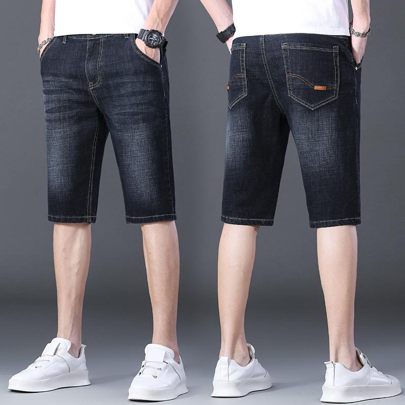 Shorts en Jean Décontractés pour Homme Longueur Genou Élastique Coupe Droite Marque Coton Jeans Mode Street Style Couleur Unie Court