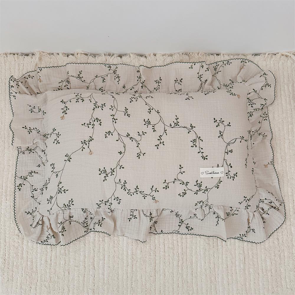 Small Floral Ruffle Lace Double Layer Cotton Gauze Pillowcase for Kindergarten