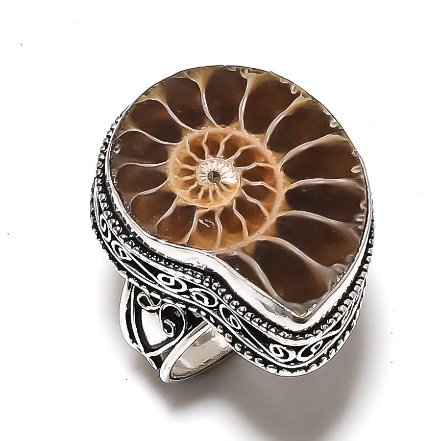 Pietre prețioase fosile de amonit natural, inel de bijuterii din argint 925, mărimea 8 A3a30