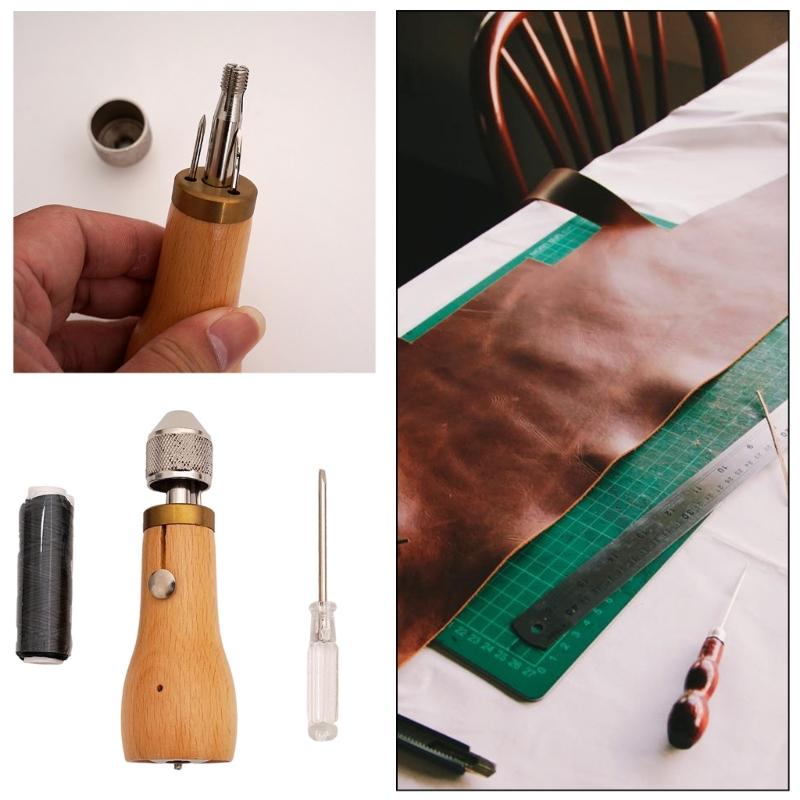 Leather Sewing Awls Tool Set Including Straight/Curved Needle Tip, Sewing Thread & Screwdriver, for Leather Craft Repair