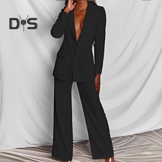 2 Teile/satz Frauen Anzug Mantel Hosen Set Tiefem V-ausschnitt Revers Einzigen Knopf Verschluss Mittlere Länge Strickjacke Langarm Jacke Gerade hosen Dame Formale