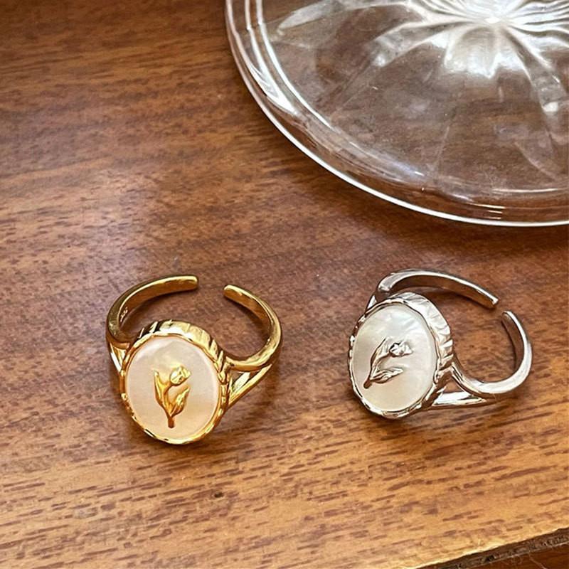 Vintage Elegant French Romantic Tulip Ring In 925 Pure Silver Floral Design Women For