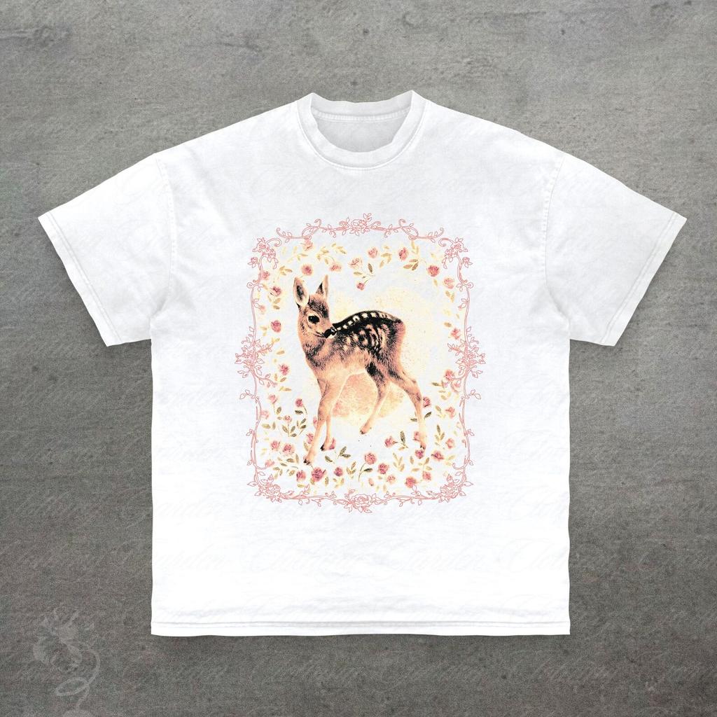 Deer Graphic Tee, Nature Lover Gift, Cute Cottagecore Baby Deer T-Shirt for Women Men, Vintage Style Floral Deer Top, Coquette Gift For Her