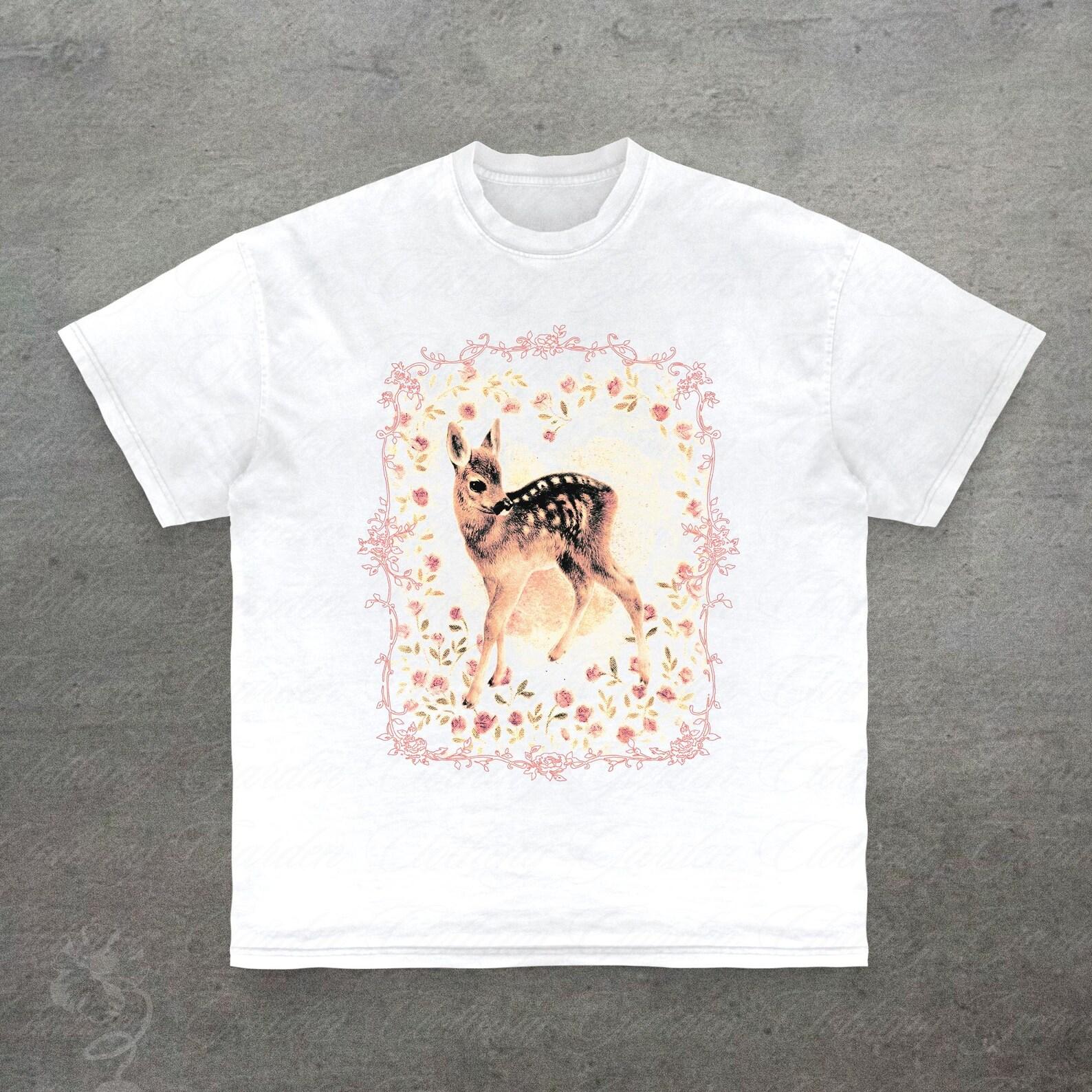 Deer Graphic Tee, Nature Lover Gift, Cute Cottagecore Baby Deer T-Shirt for Women Men, Vintage Style Floral Deer Top, Coquette Gift For Her L