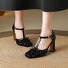Krazing Pot Paillettenstoff Quadratische Zehenpartie Größe 41 High Heels Bling Glänzend Party Hochzeitsschuhe Herbst Schleife Pumps