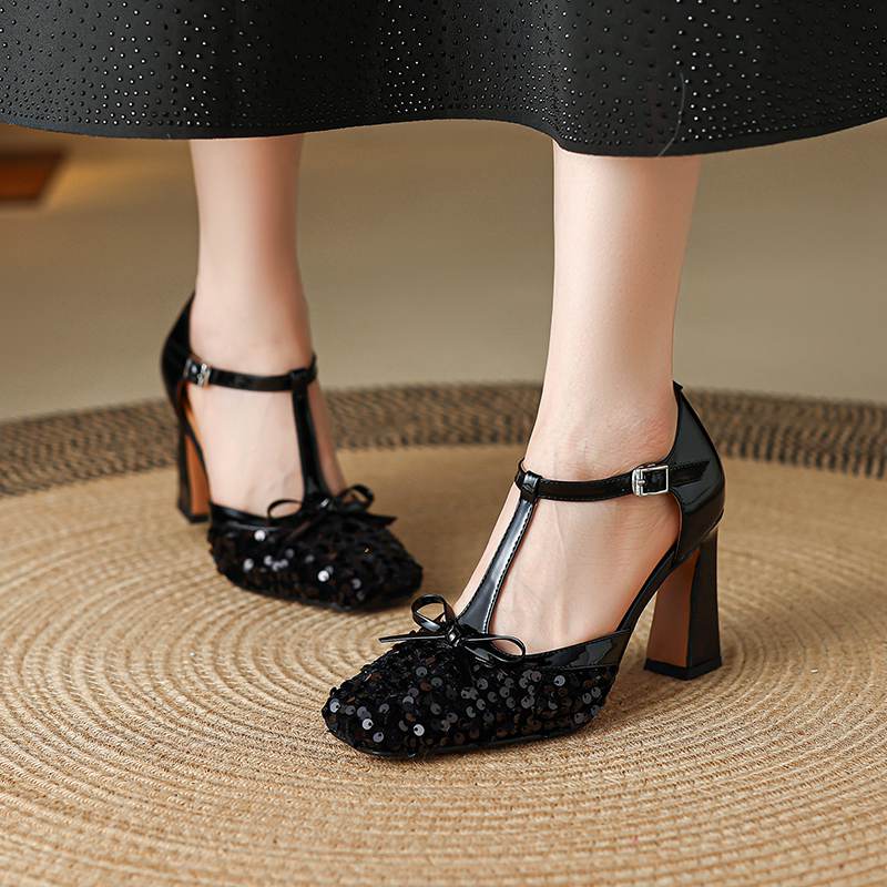 Krazing Pot Paillettenstoff Quadratische Zehenpartie Größe 41 High Heels Bling Glänzend Party Hochzeitsschuhe Herbst Schleife Pumps