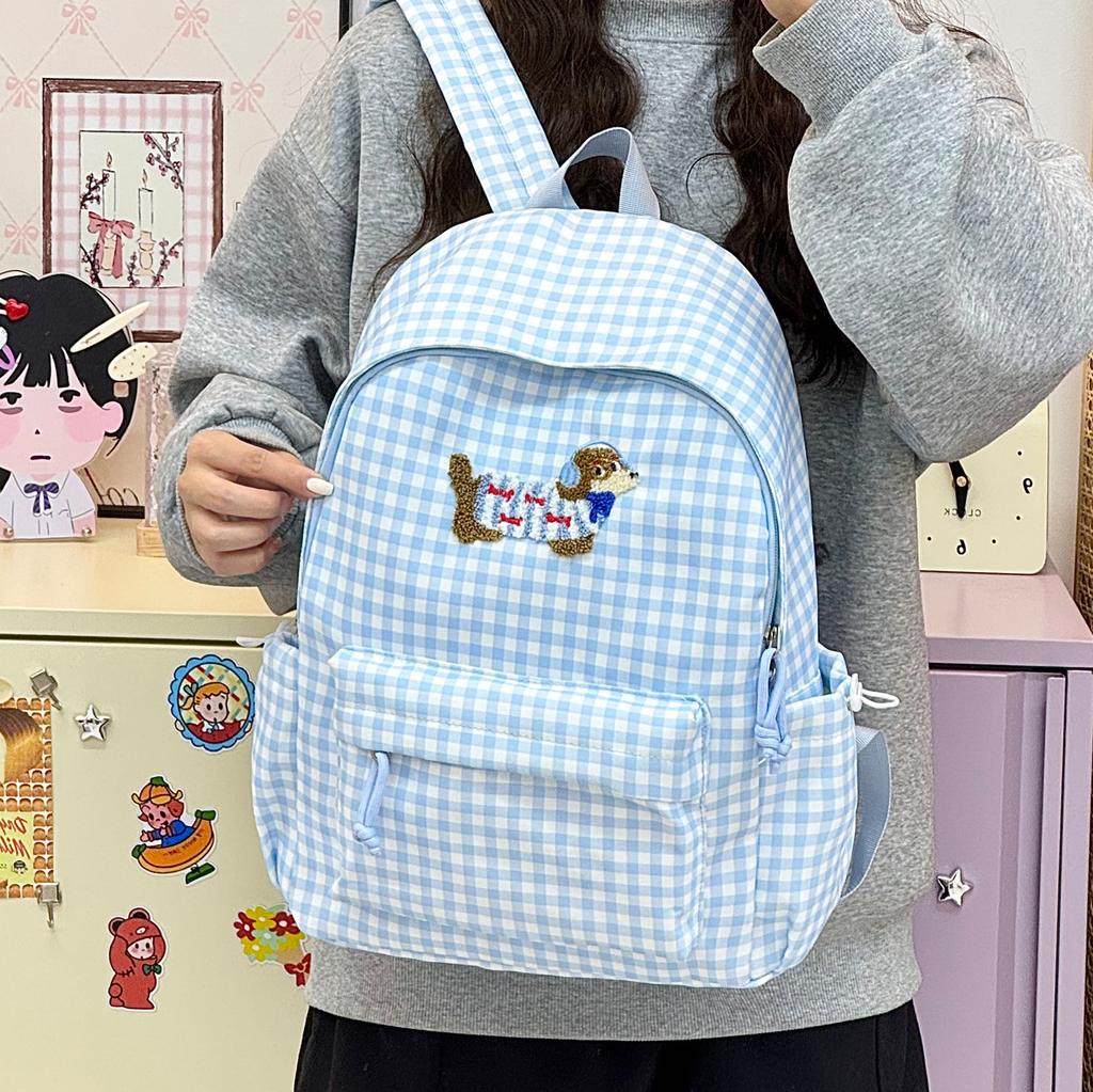 Schoolbagins Cartoon Puppy Backpack Women's Fashion Versatile Plaid Student School Bag Large Capacity Casual Backpack