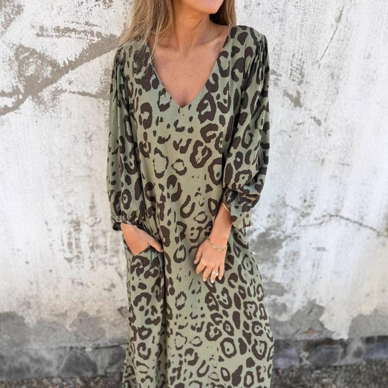 Spring Summer Printed Leopard Print V-neck Loose Dress for Women Dress