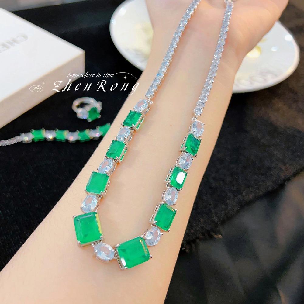 Fashion Jewelry Sets Emerald Necklace Green Diamond Earrings Bracelet Women Elegant Square Cut Gemstone