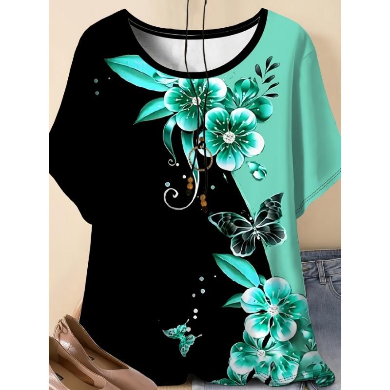 

Summer Casual Personality Green Flower Splicing Painting Elements Printed Pattern Women s Garden Collar Large Size Short-sleeved T-shirt S
