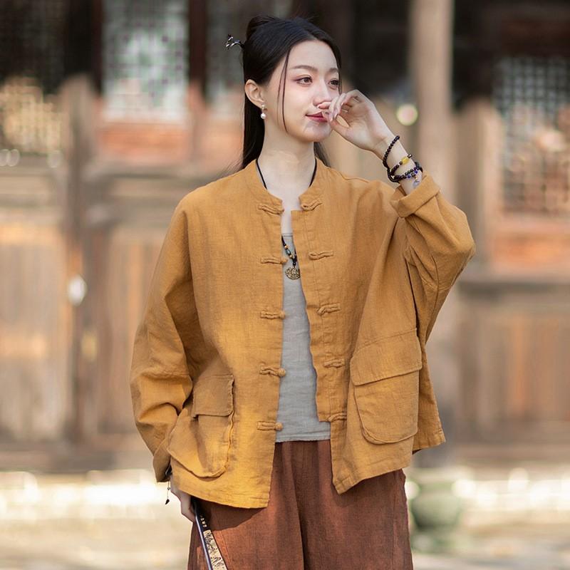 Johnature Women Vintage Shirts Tops Spring Chinese Style Solid Color Blouses Pockets Button Stand Shirts