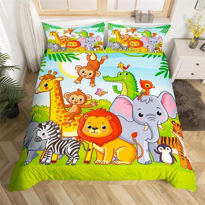 Funny Cartoon Animal Duvet Cover Safari Animal Comforter Cover Zoo Theme Jungle Bedding Set Giraffe Snake Hippo Bedspreads Cover