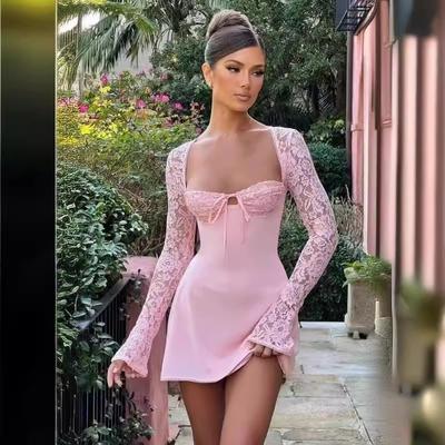 Mode Elegante Weiße Sexy Club Abendkleid Frauen Sommer Langarm Bandage Backless Spitze Kleid Slim Fit Hohe Taille Kleider 24088