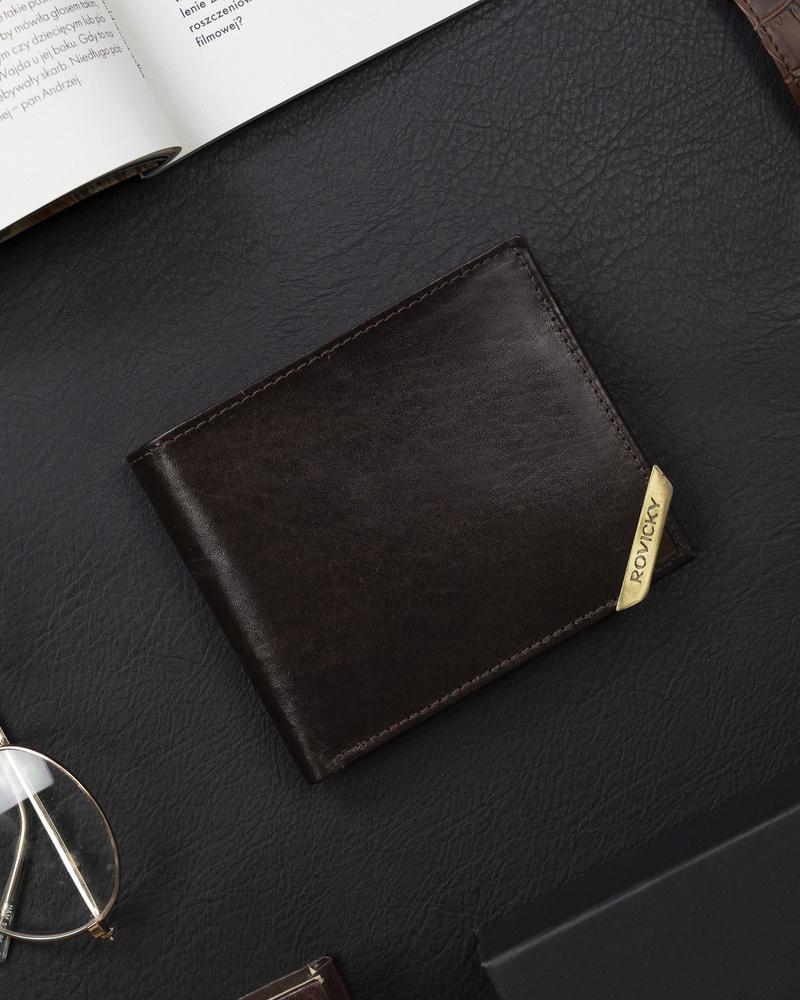 Men's horizontal wallet with gold accent, natural grain leather - Rovicky